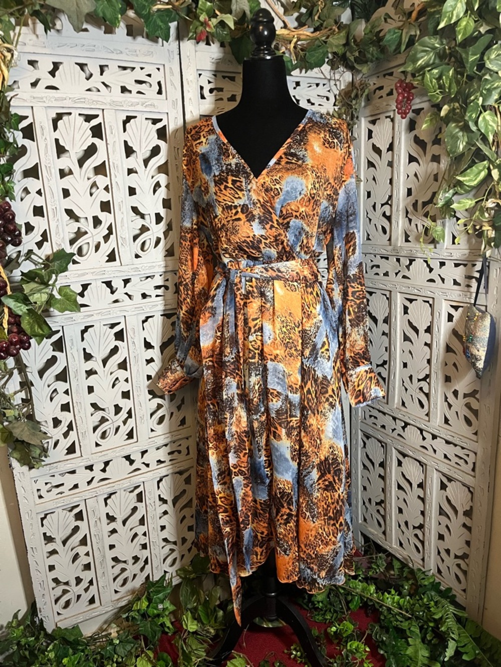 SPY ZONE BOHO MIXED BLUE ORANGE & BLACK ANIMAL PRINT STYLE SHEER MAXI DRESS